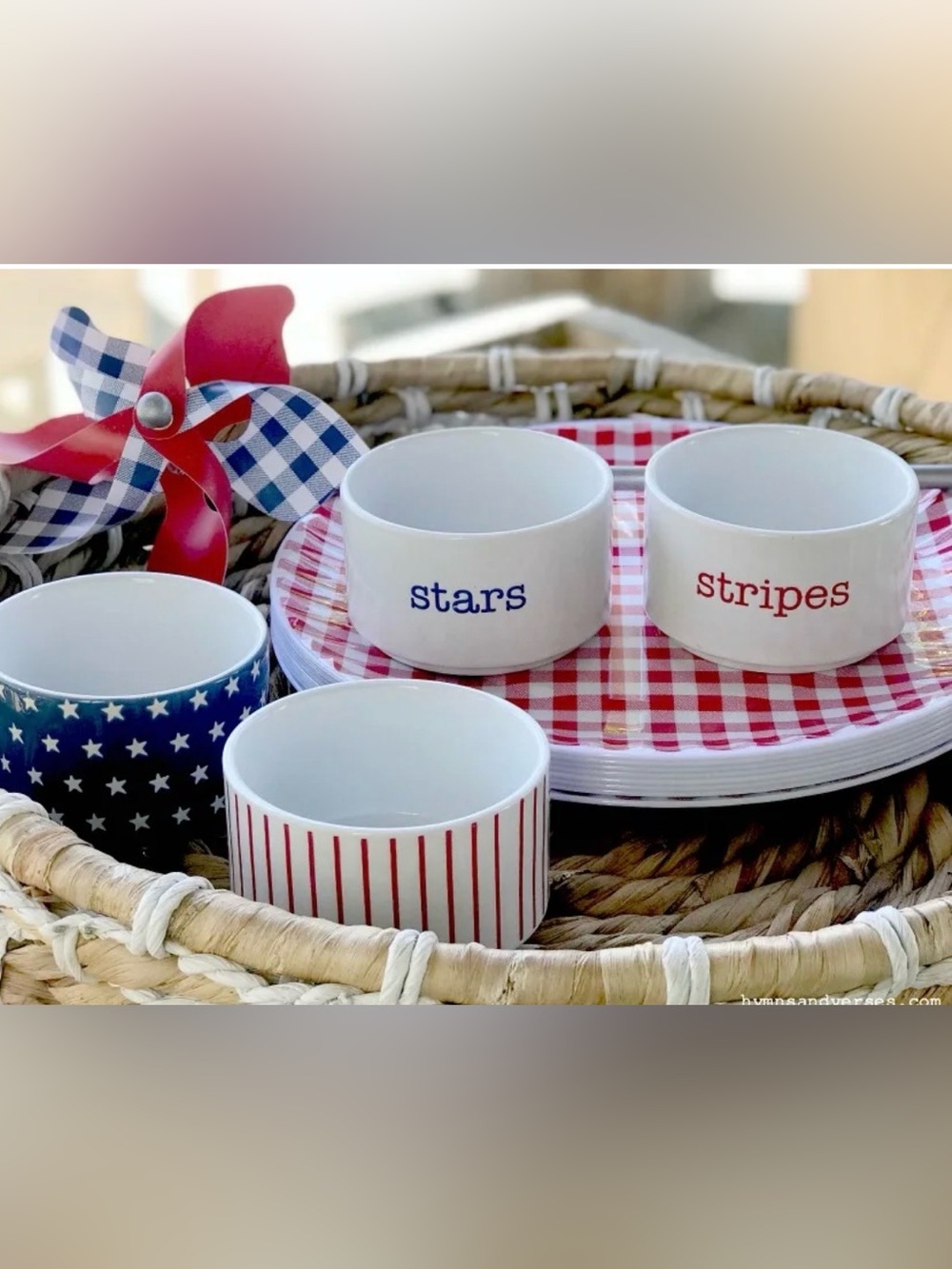 Hobby Lobby White Ceramic Bowls with Red & Blue Accents